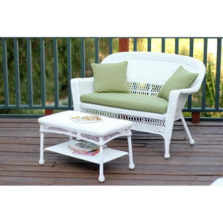 Jeco W00206-LCS029 White Wicker Patio Love Seat And Coffee Table Set With Green Cushion
