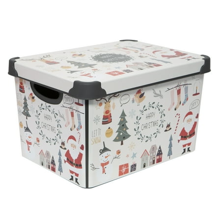 Simplify 7.48 Gallon Happy Christmas Design Plastic Storage Tote Bin