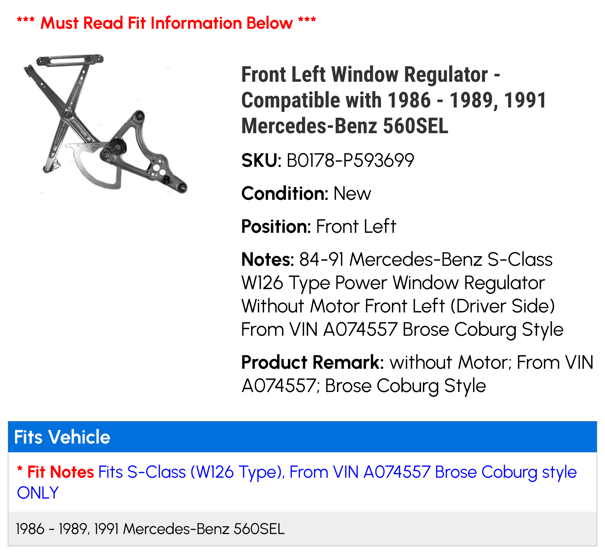 Mercedes C Class W203 Window Regulator Without Motor Left Front Door