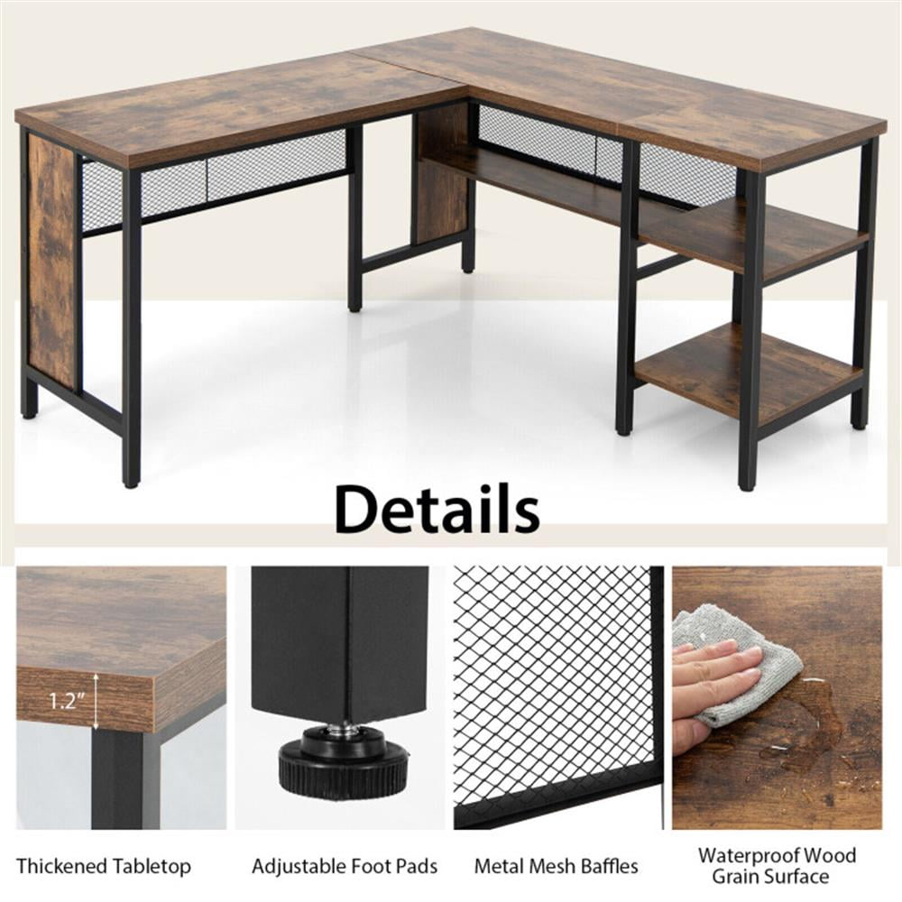 Demi Bonn Industrial L-Shaped Corner Computer Desk Office Workstation with Storage Shelves, Small Home Office Desk Study Writing Table, Brown