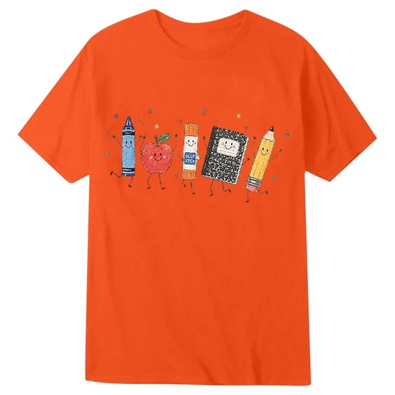 Kids Back To School Graphic Short Sleeve T-Shirt, Unisex Crew Neck Cute School Supply Print Casual Tee for Boys Girls Daily School Outdoor Wear(Orange,1-2 Years)