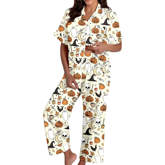 Cute Pajamas Beige Pumpkin‑print Short‑sleeve Button‑top And Wide‑leg Pants Nightwear Pjs Sets for Women XXL