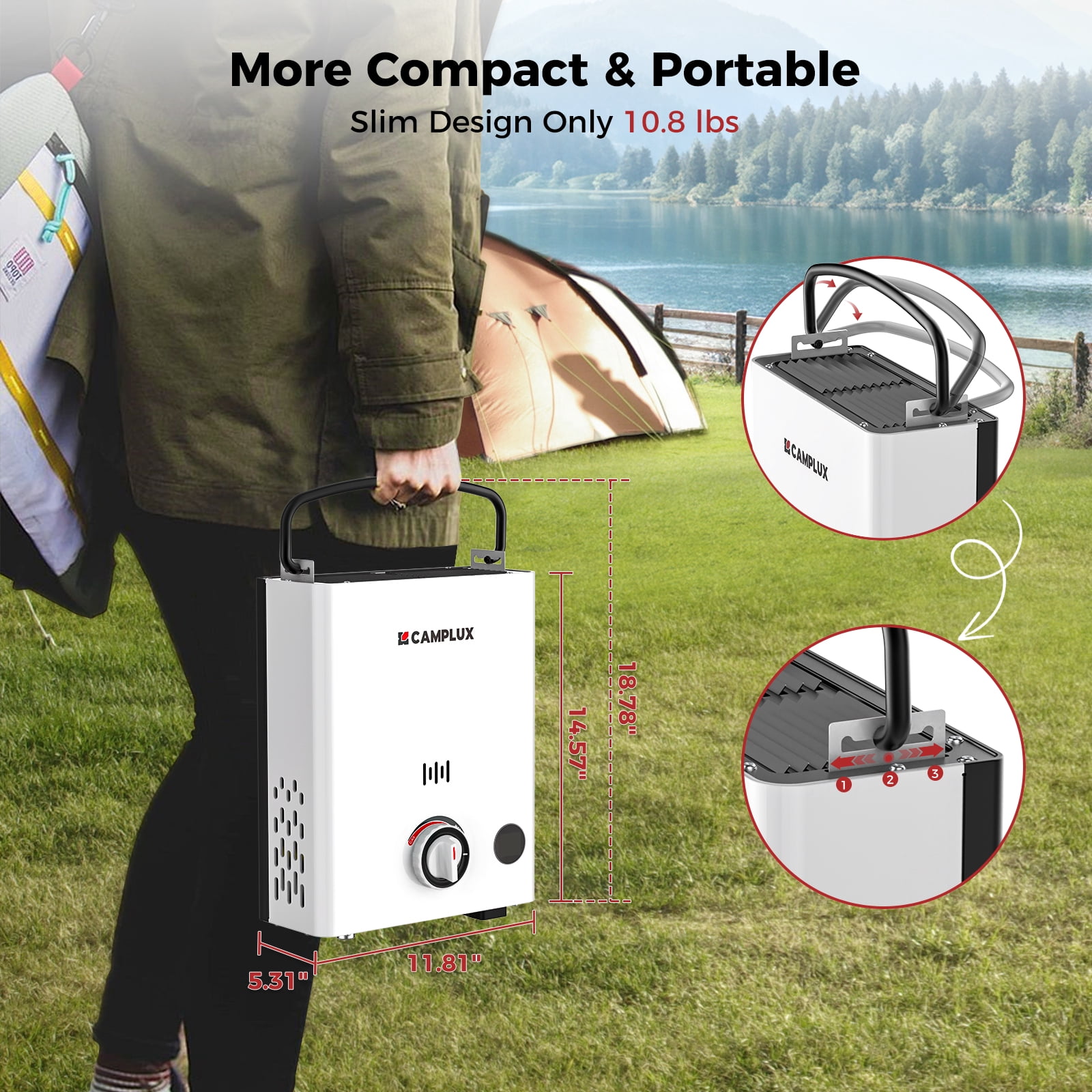 CAMPLUX First F5 Portable 1.32 GPM, 34,000 BTU Outdoor Propane Water Heater, Tankless Camping Water Heater with LCD Digital Display