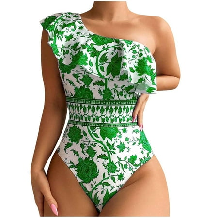 Wyobmus Womens One Piece Swimsuits Printing One Shoulder Ruffle Bathing Suits Tummy Control High Cut Swimwear Green