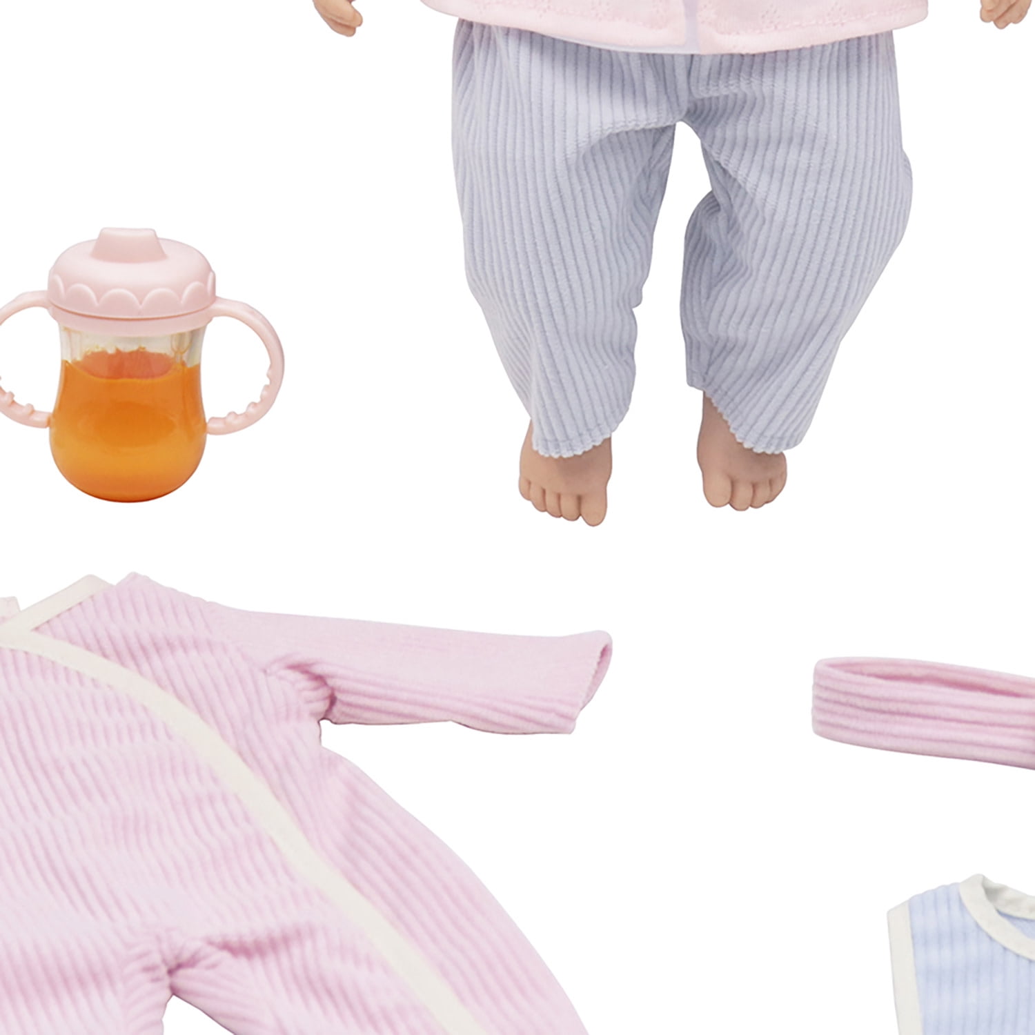 Baby Dreami: 14" Baby Doll Care Playset - Pink & Blue Long-Sleeve Stripe Outfit, Extra Onesie, Plush Fox Animal Toy, Bib-Bottle-Binky, Kid-Toddlers 2+