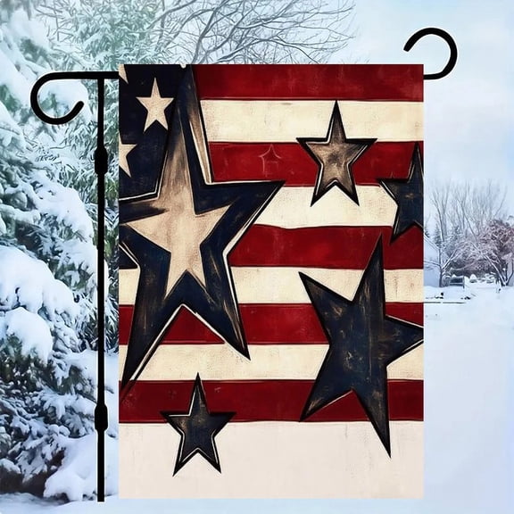 RKSupls Patriotic Linen Double Sided Garden Flag, Independence Day Themed Yard Decor, Three Dimensional Stars on American Stripes Outdoor Banner for Holiday Lawn