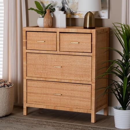 bali & pari Vaere Rattan and Mahogany wood BOHO Storage Cabinet, 4-Drawer, Natural Brown