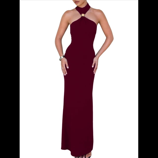 Vestidos Largos Formales Elegantes para Mujer, con Cuello Alto, Sin Mangas, Abertura en la Espalda, para Fiestas, Cócteles y Bodas Vino Tinto L