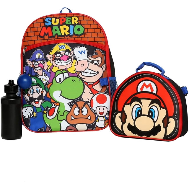 Conjunto de mochila 4 piezas Super Mario Bros Bolsa escolar con bolsillos delanteros y laterales Bolsa de almuerzo con botella de agua y juguete Squish Ball Nintendo