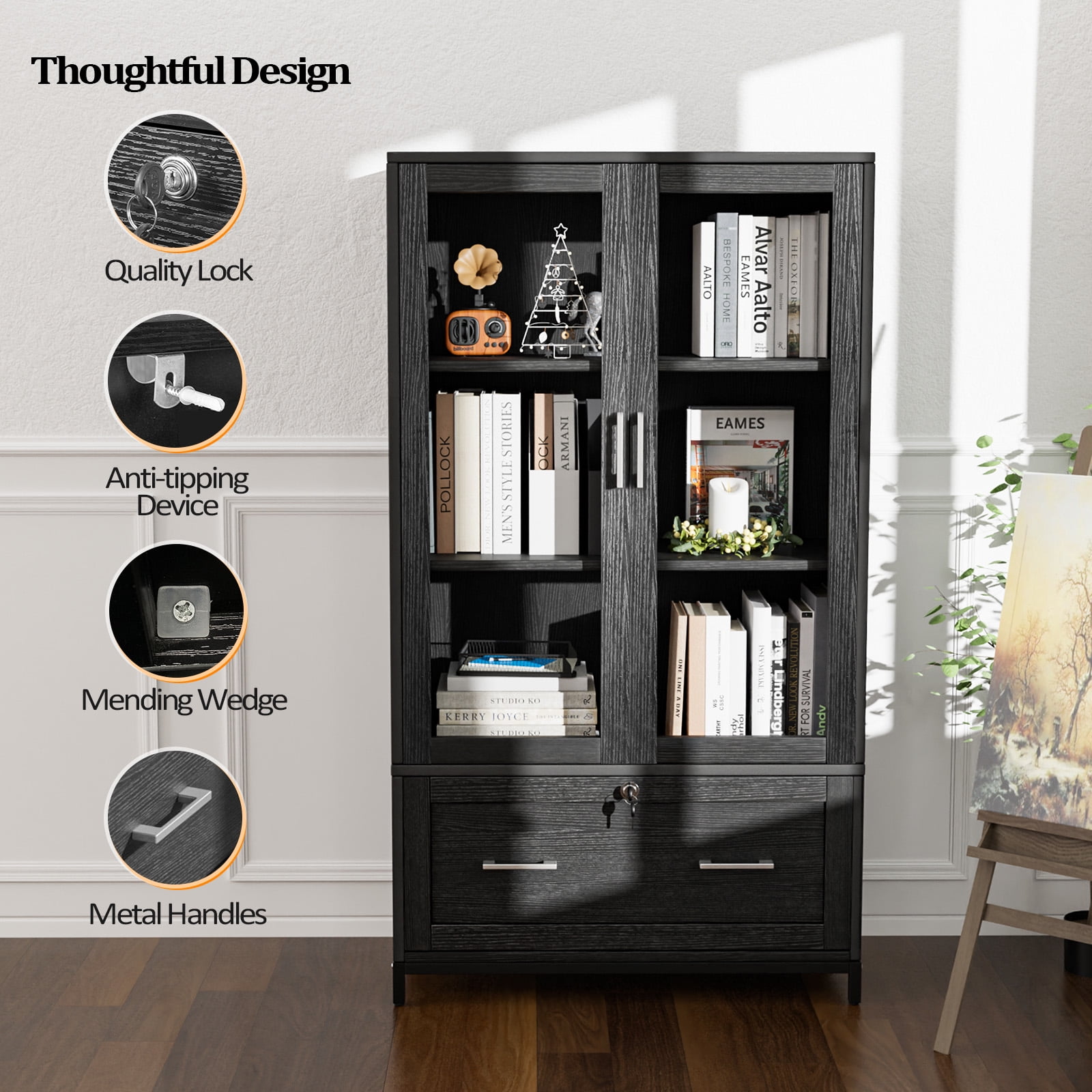 Ktaxon Lockable 4 Tier File Cabinet Bookcase with Letter+Legal Size Drawer&Adjustable Shelves, Wood Bookshelf Storage with Glass Door, Black