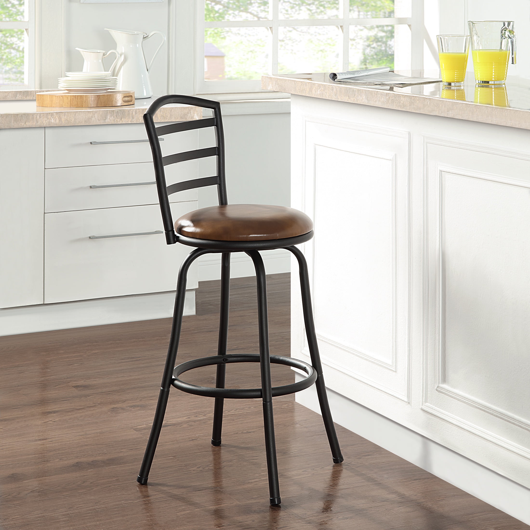 Mainstays 3 Pack Adjustable 24" or 29" Barstool, Black Metal and Camel Faux Leather Seat