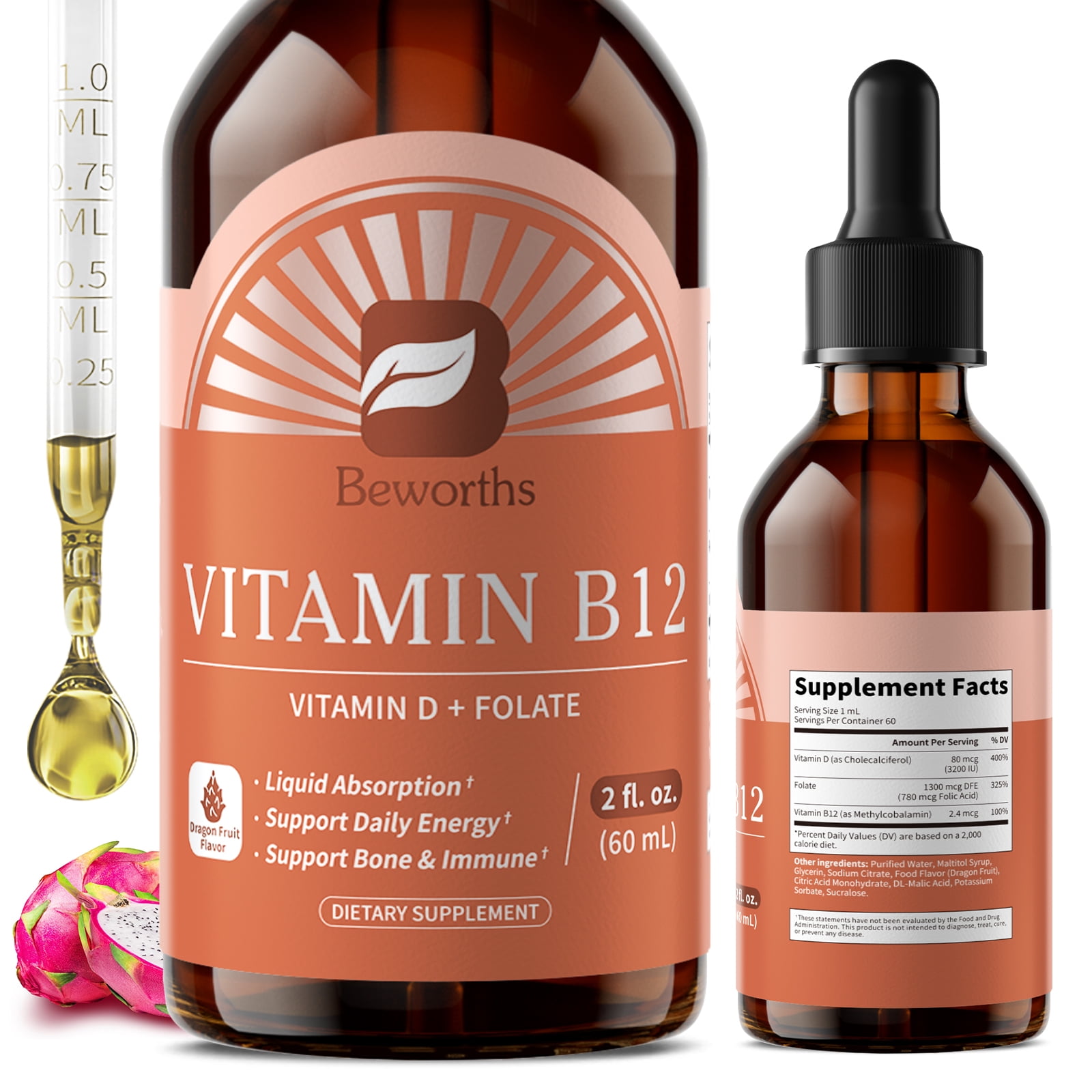 B BEWORTHS Extra Strength Vitamin B12 Sublingual Liquid Drops, with Vitamin D & Folate, for Energy & Immune Support, 2 fl oz