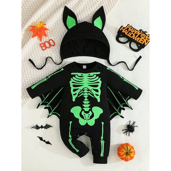 HWJAD 3M-3T Bat Jumpsuit for Baby Boy Girl Halloween Clothes Infant Toddler One-Piece Romper and Hat 2Pcs Halloween Outfits