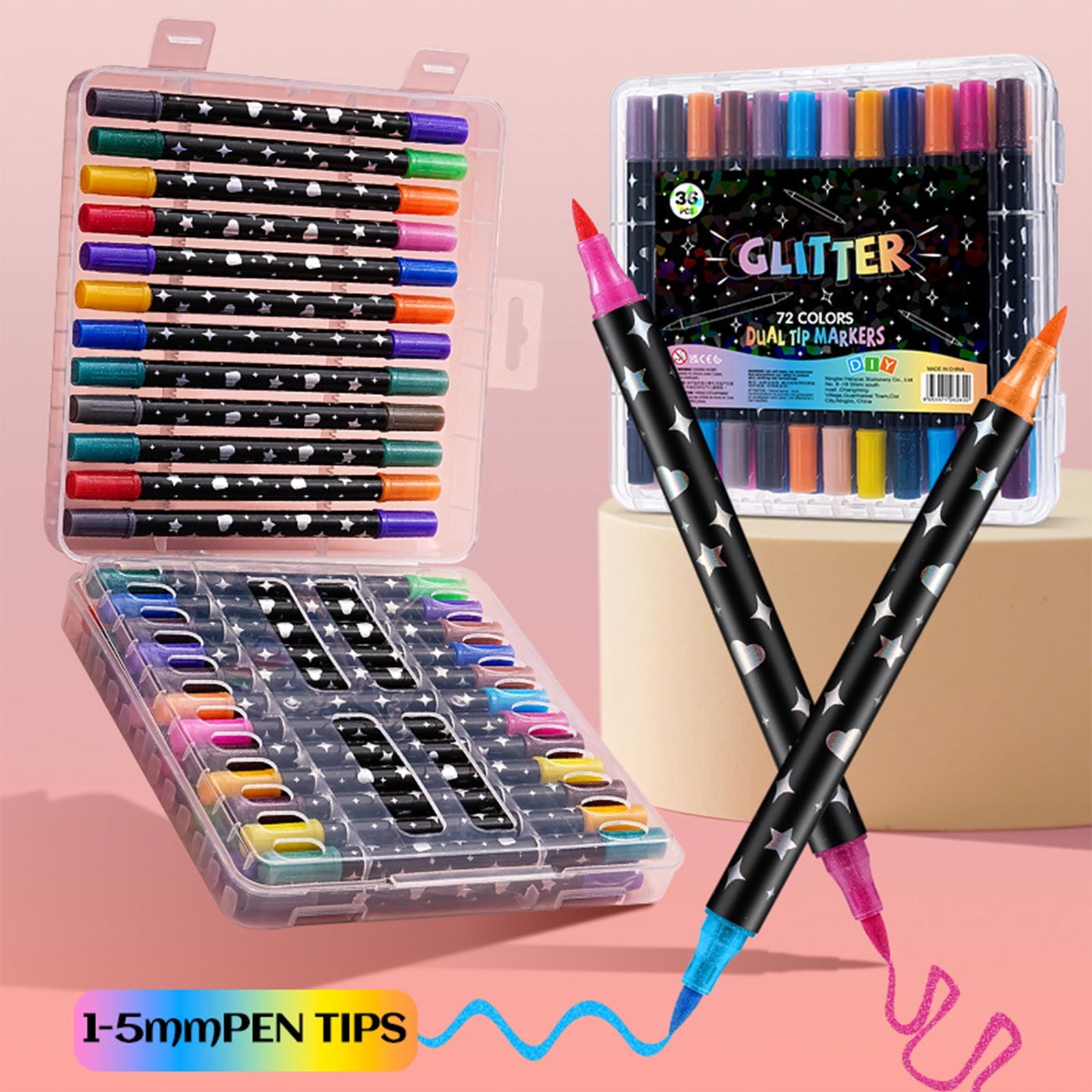 Tarmeek Dual-Tip Glitter Markers Marker Pens 36-Pack 72 Colors, Highlighters Pearlescent Metallic Pens, Fluorescent Pens for Journaling Drawing Card Making, Art Supplies for Office Notes Drawing