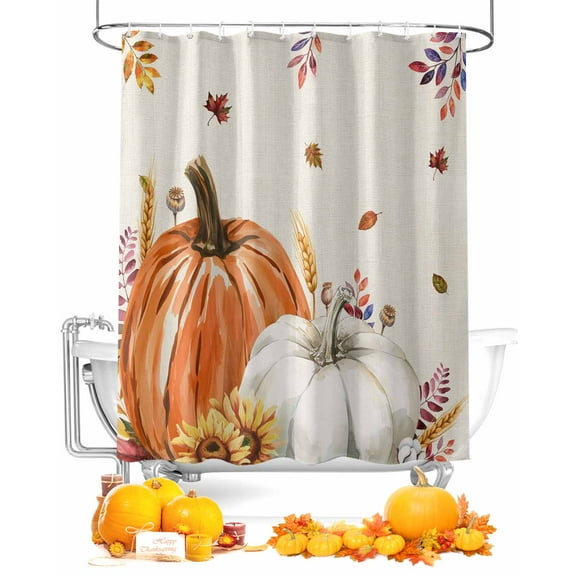 Fall Shower Curtain Harvest Pumpkin Bathroom Curtains with Hooks, Waterproof Fabric Bird Autumn Maple Leaves Linen Thanksgiving Bath Shower Curtains Set for Bathroom Bathtubs Decor 72x84 Inch