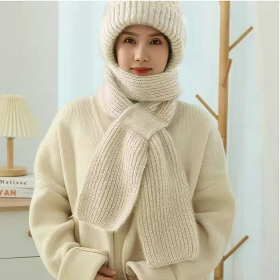 Ear Protection Windproof Cap Scarf, Winter Warm Knitting Thick Warm Ear Guard Hat Scarf for Women
