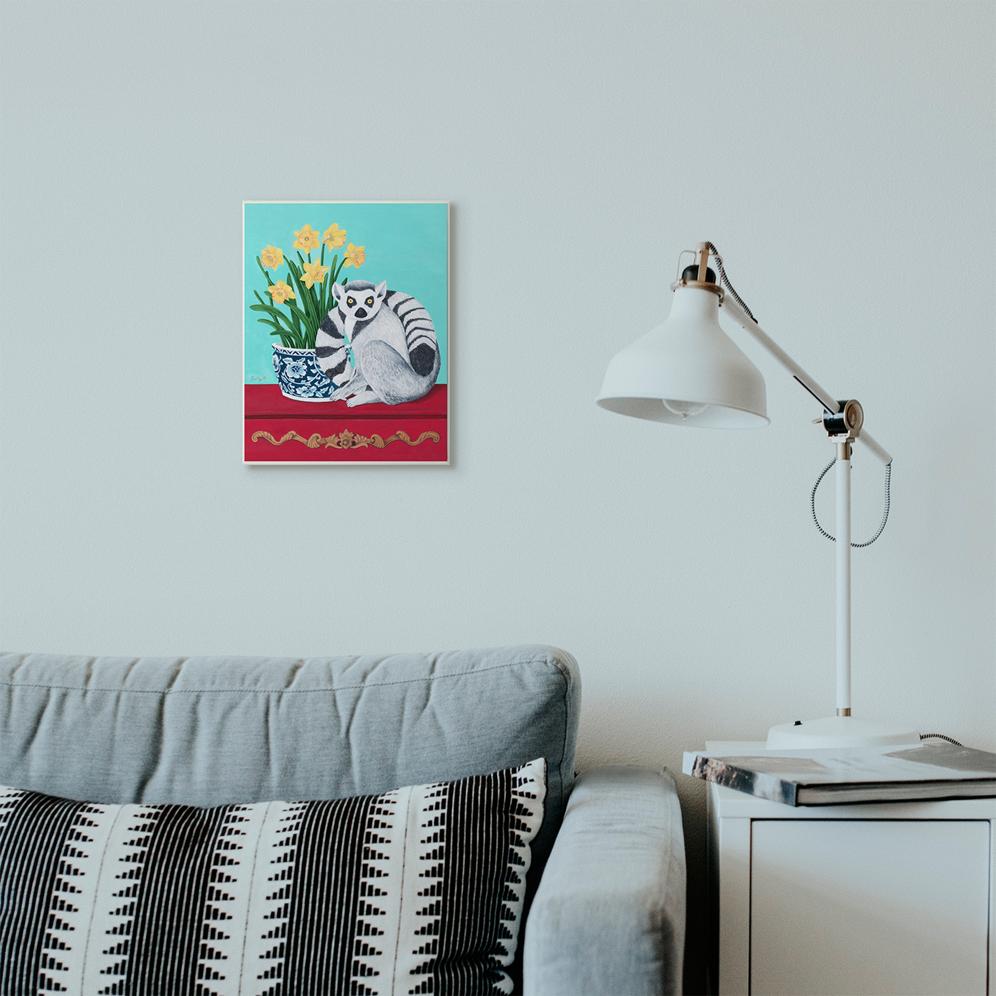 Stupell Industries Lemur and Daffodil Flower Vase Blue Red Animal Painting Wall Plaque by Sally B