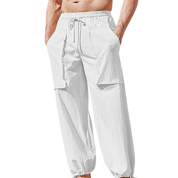 RXIRUCGD Men's Fashion Drawstring Elastic Waist Solid Color Casual Length Pants, White, Size: M