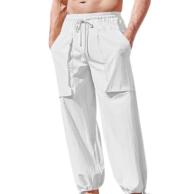 RXIRUCGD Men's Fashion Drawstring Elastic Waist Solid Color Casual Length Pants, White, Size: L
