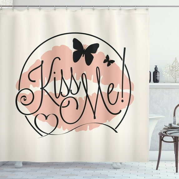 Kiss Me Shower Curtain, Hand Lettering Love Quote with Butterflies and Lipstick Stain Motif, Fabric Bathroom Set with Hooks, 69W X 70L Inches, Pale Pink Ivory Black, by Ambesonne