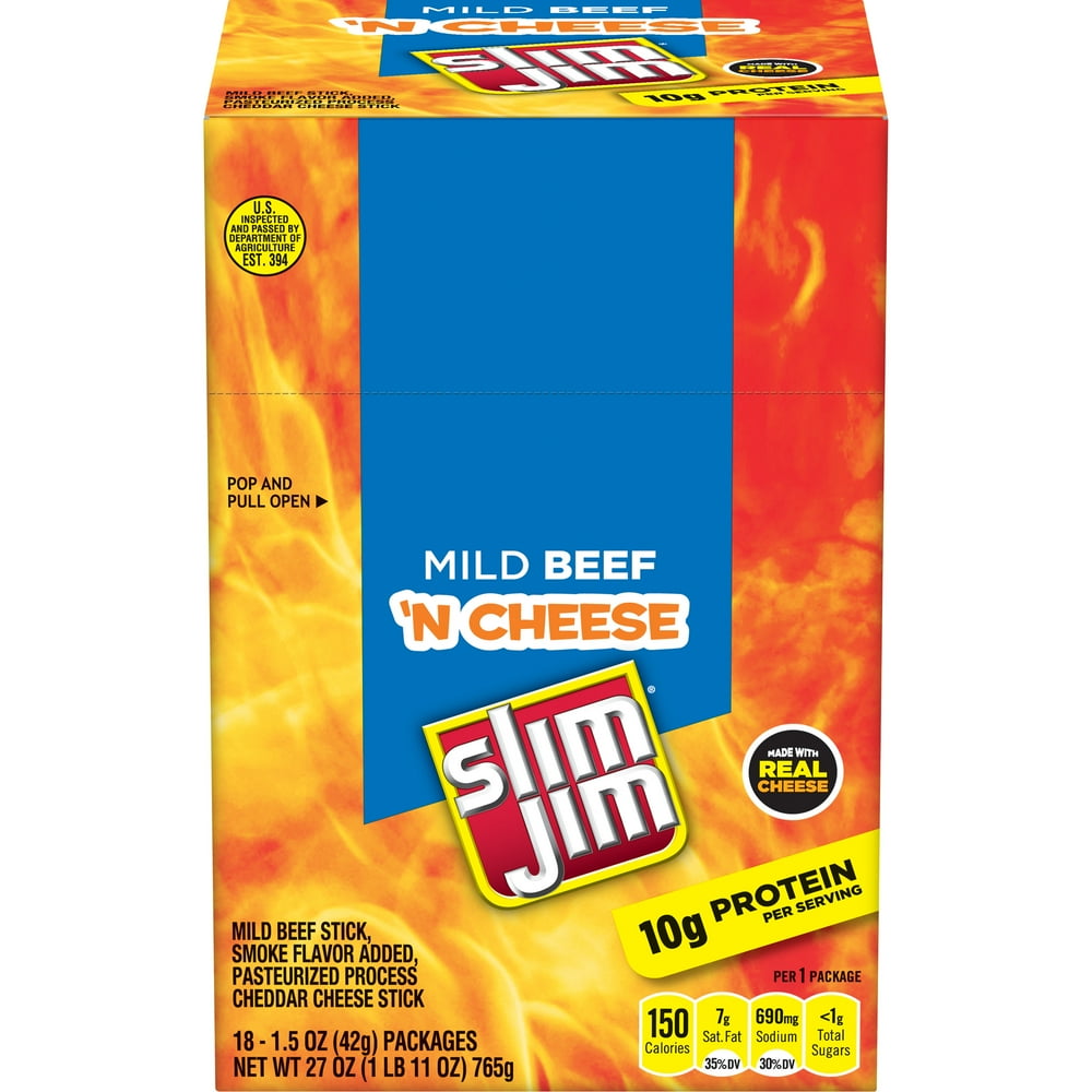 Slim Jim Beef and Cheese Stick, Mild Flavor Meat Stick, 1.5 Oz, 18 Ct ...