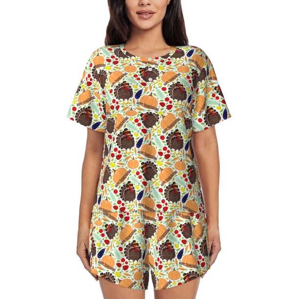 Fotbe Thanksgiving Conjunto de Pijama Estampado para Mujer, 2 Piezas, Ropa de Dormir con Camiseta de Manga Corta y Shorts Suaves-Medium