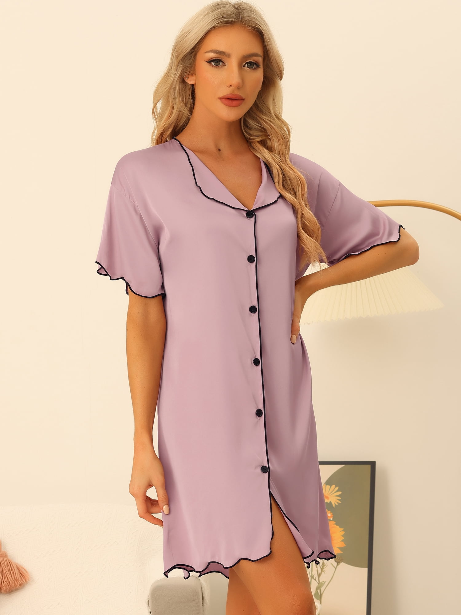 DARING DIVA Women's Satin Short Sleeve Button Down Pajama Nightgown L Purple
