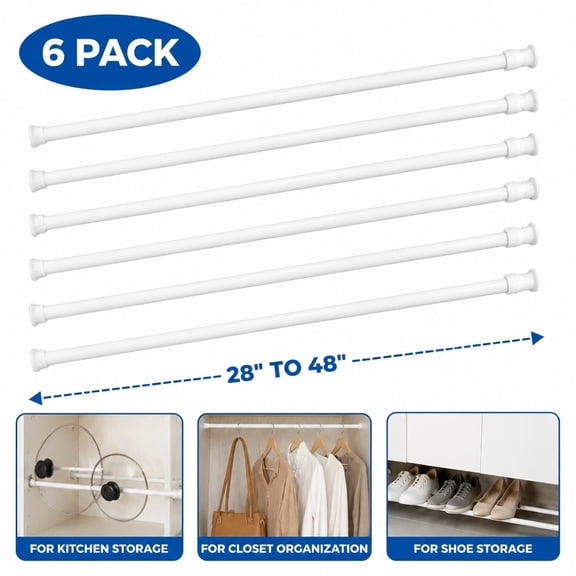 6Pcs Tension Curtain Rod for Windows Cabinet Wardrobe Closet 28"-48" Adjustable, 0.79" Diameter, White