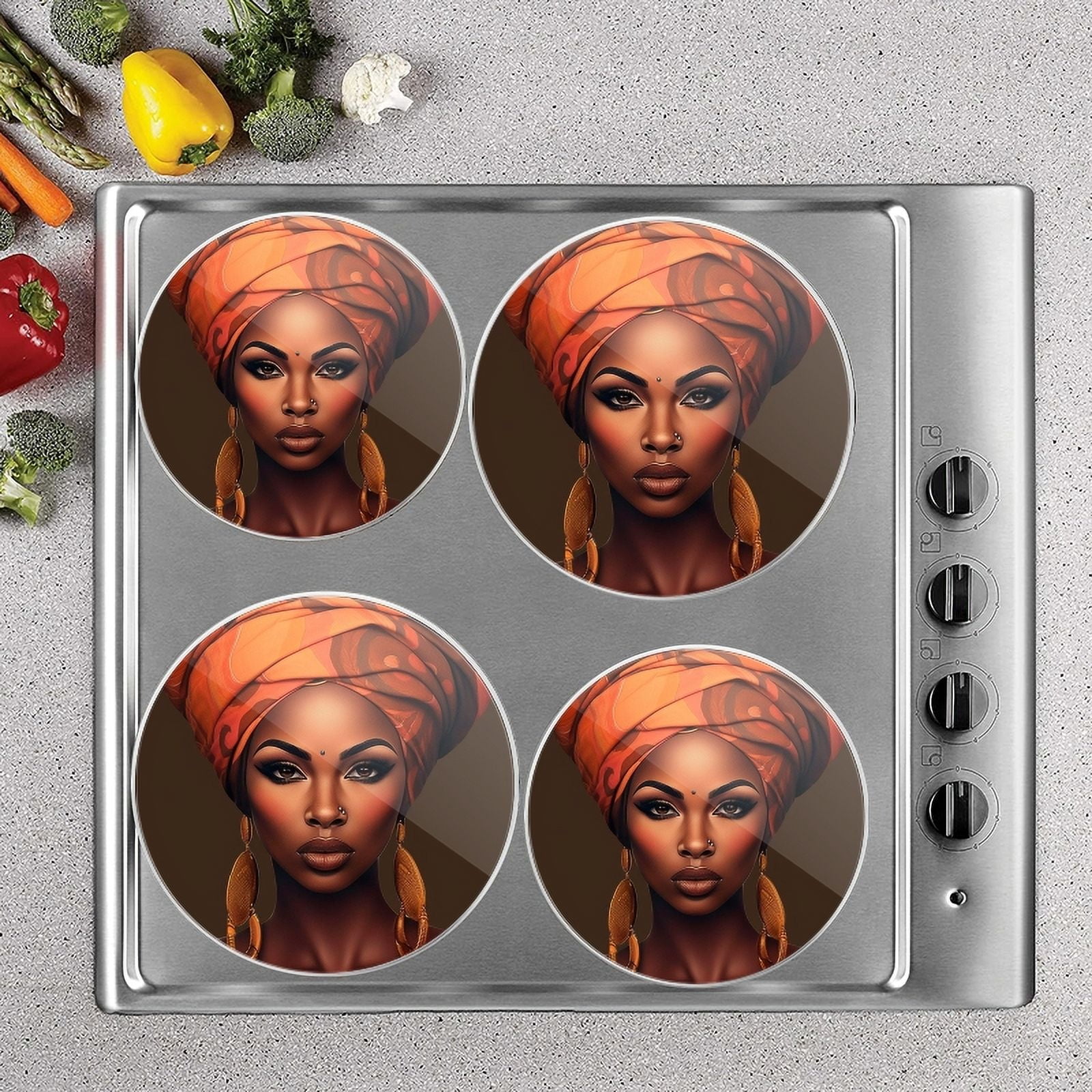 Bahomeck Electric Stove Burner Covers Set Of 4,African Woman With An Orange Turban And Long Earrings Metal Gas Stove Burner Covers,Protecting Gas Stoves,8 Inch And 10 Inch