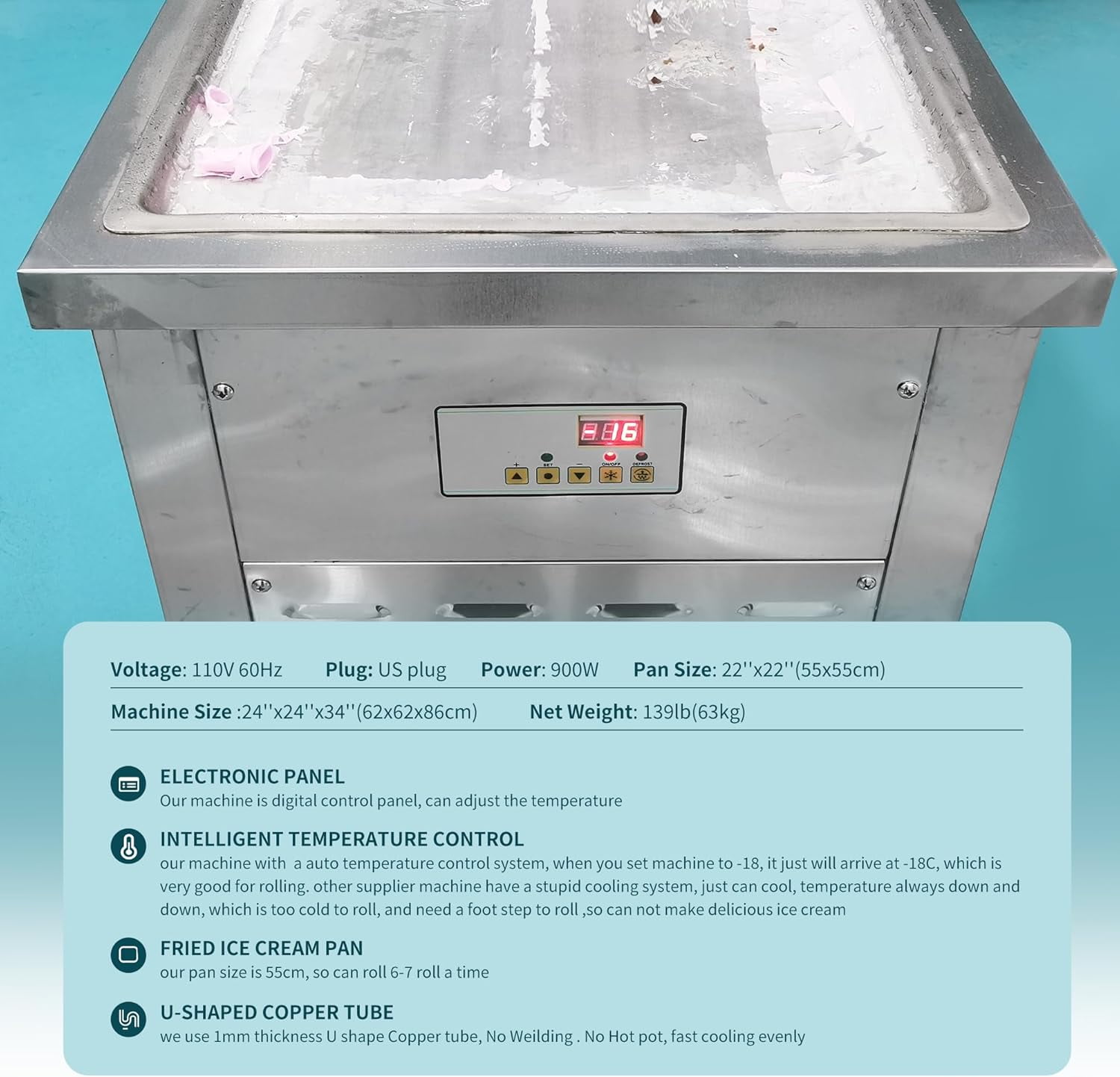 Commercial Fried Ice Cream Roll Machine, 22'' Square Pan Stir Fry Ice Cream Maker, NO HOT SPOT Electric Frozen Yogurt Flat Plate Ice Pan Rolled Machine Batch Freezer, 110V, 900W