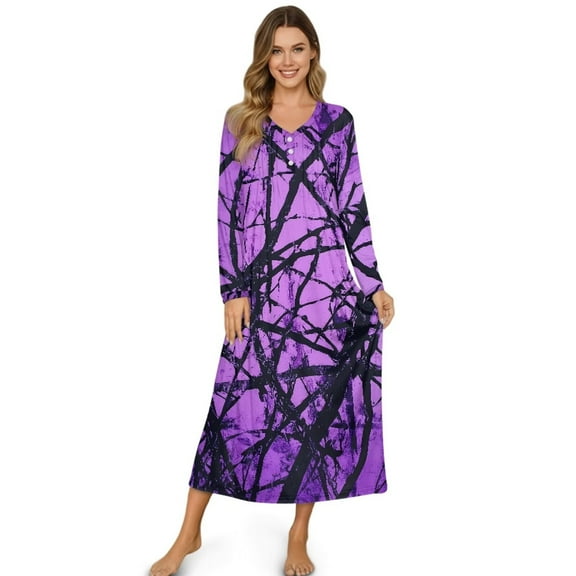 POLERO Long Sleeve Nightgowns for Women Lady Button Down Purple Hunting Camo Print Sleepwear Long Night Gown Plus Size House Dress Winter Loose Loungewear, Medium