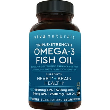 Viva Naturals Triple-Strength Omega 3 Fish Oil Supplement, 2500 mg, 60 Pescatarian-Friendly Softgels
