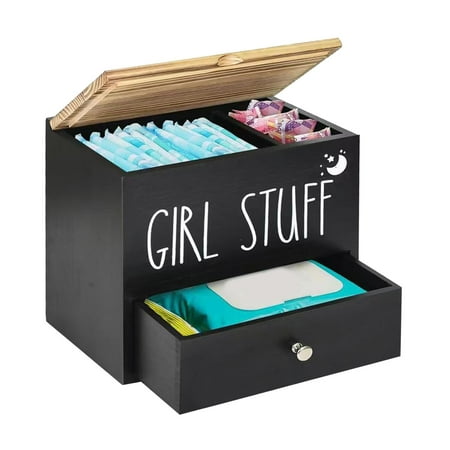 Wooden Feminine Hygiene Product Organizer with Lid and Drawer Desktop Storage for Bathroom Accessories