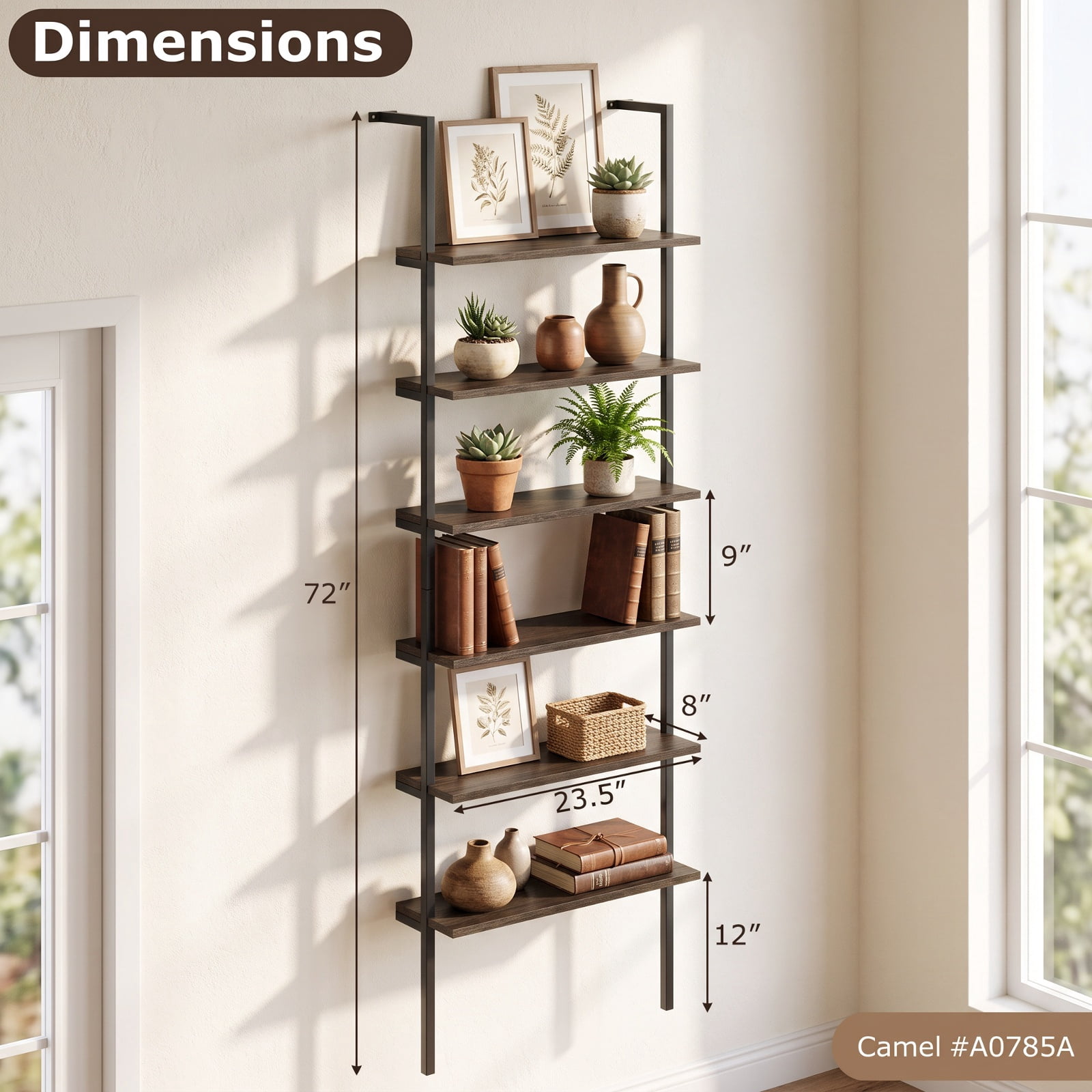 Furnibear 6-tier Ladder Shelf 72 Inches Industrial Wall Mounted Bookshelf for Living Room Home Office Bedroom Display Storage Shelf, Oak