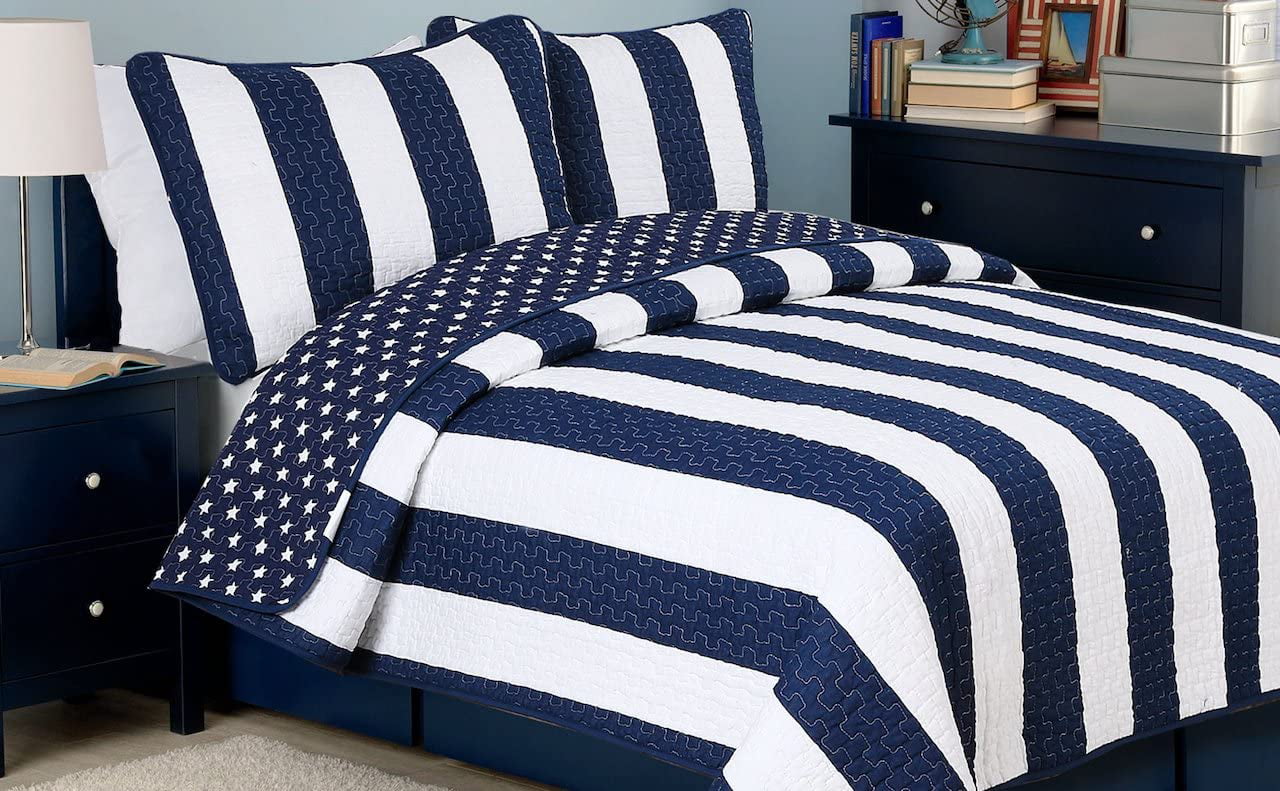 Coverlet Waylon Blue Green Stripe Reversible 100%Cotton Quilt Set Bedspread 