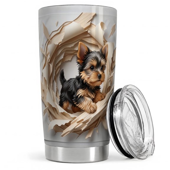 Yorkie Puppy Paper Burst 20oz Tumbler, Yorkie Tumbler for coffee drinks, tiny terrier breaking layered wood paper ring, cute dog portrait art, pet lover cup for women and dog fans