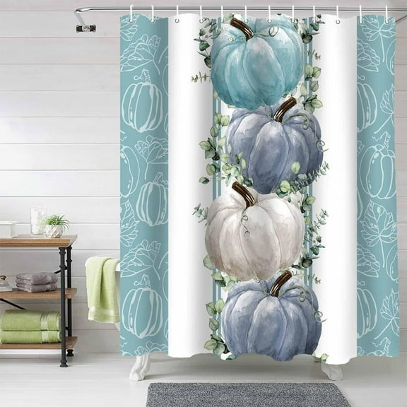 Fall Thanksgiving Shower Curtains for Bathroom Pumpkin Fabric Shower Curtain with Hooks, Teal White Eucalyptus Leaves Waterproof Polyester Shower Curtain Set, 36"x72" Boho Bathroom Curtains Decoration