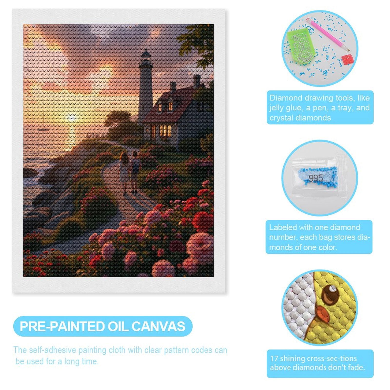 Diamond Art Kits for Adults - Sunset Lighthouse Coastal Path Roses 5d Diamond Painting for Adults, Diamond Art for Adults Beginners, Frameless Diamond Painting Kits for Adults for Home Wall Decor