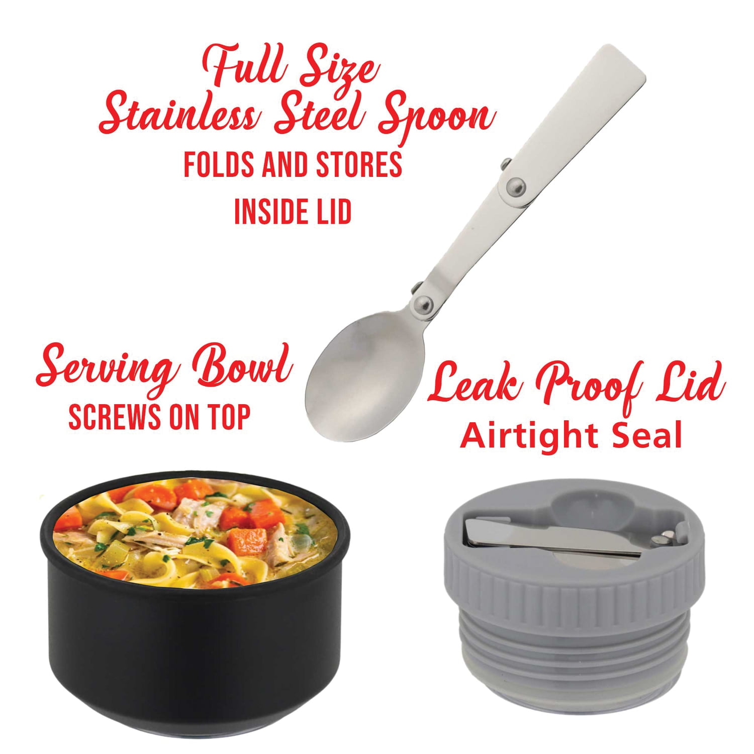 Brentwood Geojug Vacuum-Insulated Stainless Steel Food Jar with Bowl and Folding Spoon, Black (17 Oz.), FTS-500BK