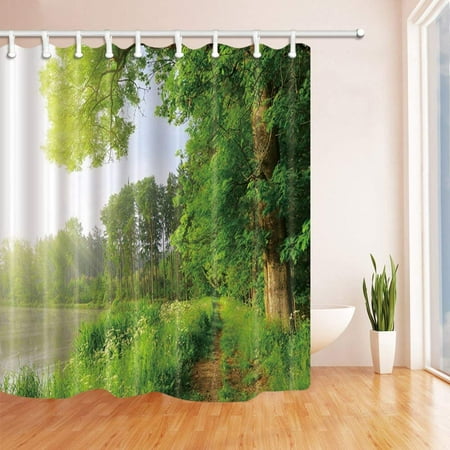 BPBOP Village View Decor Trees near River Side and Small Path for Polyester Fabric Bathroom Shower Curtain 66x72