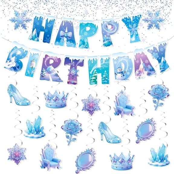 Sinekong Winter Snowflake Hanging Swirl Happy Birthday Party Decorations Banner for Winter Wonderland Birthday Party Supplies