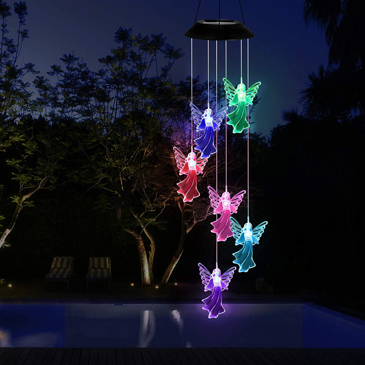 Solar Wind Chimes Outdoor Color-Changing Waterproof Lucky Angel Wind Moblie LED Light Portable Outdoor Chime for Patio, Deck, Yard, Garden, Home, Corridor Hanging Decoration