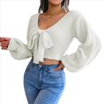 thumbnail image 2 of Suéter de Punto Acanalado con Lazo y Larga para Mujer, Top Corto con Cuello en V para Otoño e Invierno. M, 2 of 10