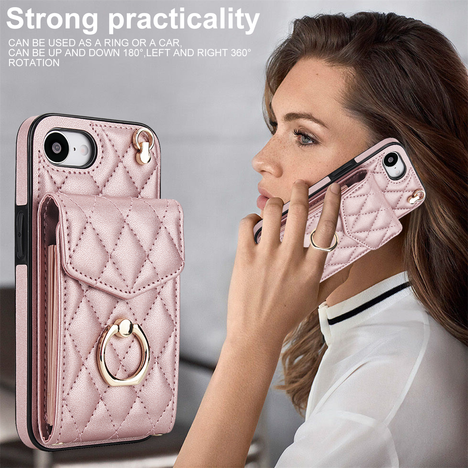 Asuwish Wallet RFID Blocking PU Leather Cell Phone Case with Tempered Glass Screen Protector, Wrist Strap for iPhone 16e, Rose Gold