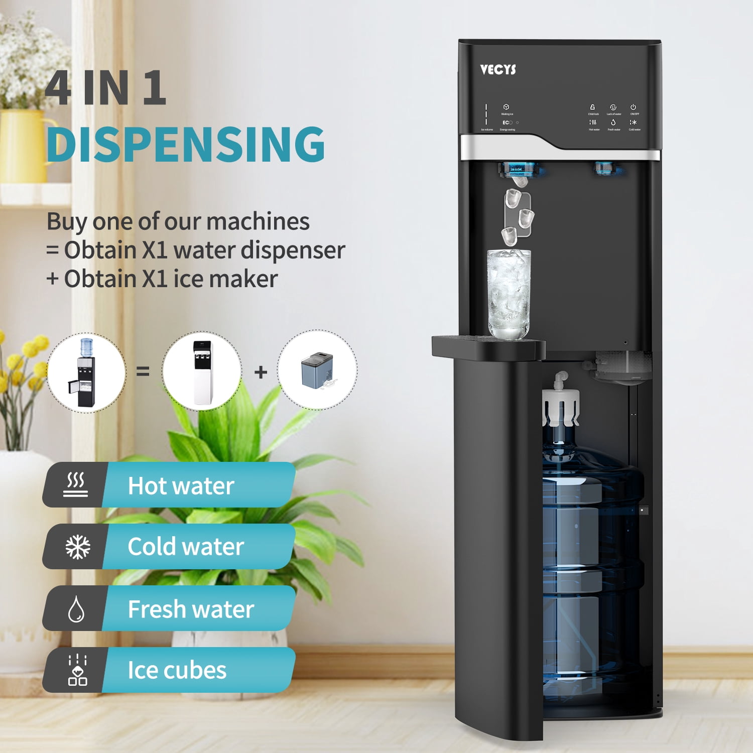 VECYS Bottom Loading Ice Maker Self-Clean Hot Cold Water Dispenser for 5 Gallon Bottle, 22LBS Daily Ice Making, Child Safety Lock, Black