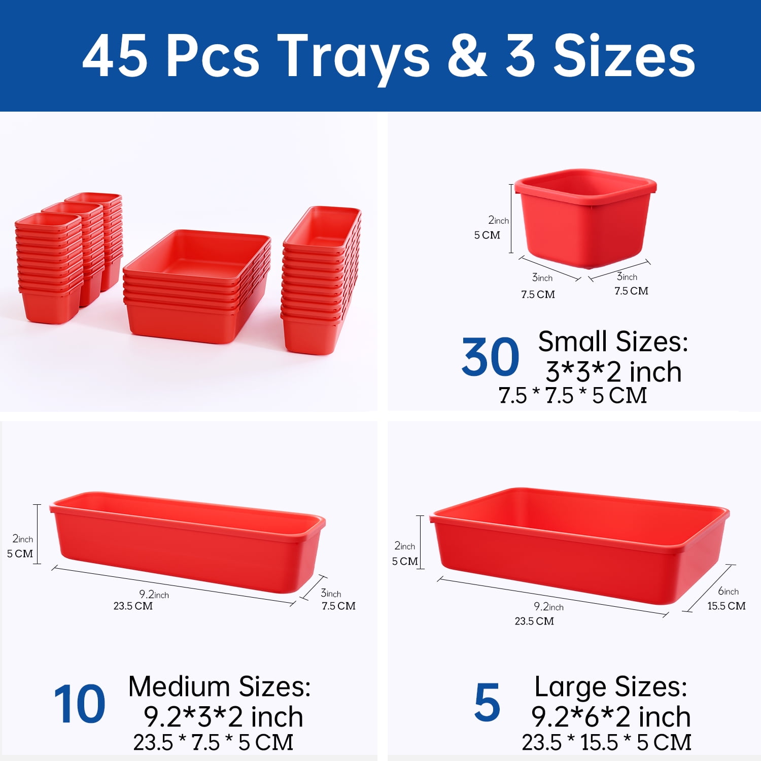 HAIDAIYA 45 Pack Drawer Organizer Trays Set, 3 Sizes Plastic Divider Storage Bins for Desk, Makeup, Tool Box, Jewelry (Red)