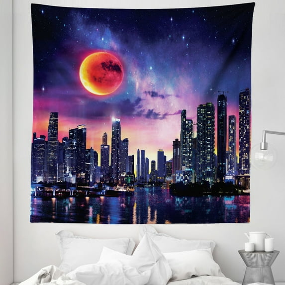 City Tapestry, Fantasy World Inspired Night Sky of Miami United States Full Moon, Fabric Wall Hanging Decor for Bedroom Living Room Dorm, 5 Sizes, Pale Purple and Multicolor, by Ambesonne