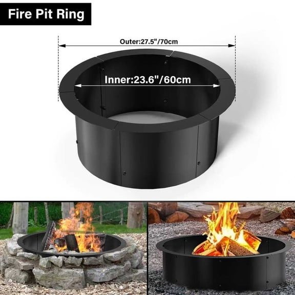 24" Round Fire Pit Ring for DIY Campfire Ring Insert Wood Burning Fire Pit Liner Firepit Rim with Collar Support Heavy Duty Solid Metal Steel Above or In-Ground for Camping, Black