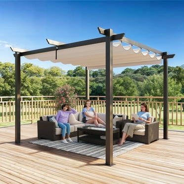 Erinnyees Retractable Pergola 10' x 10', Outdoor Metal Pergola with Adjustable Sun Shade Canpoy, Pergolas for Patios, Beige