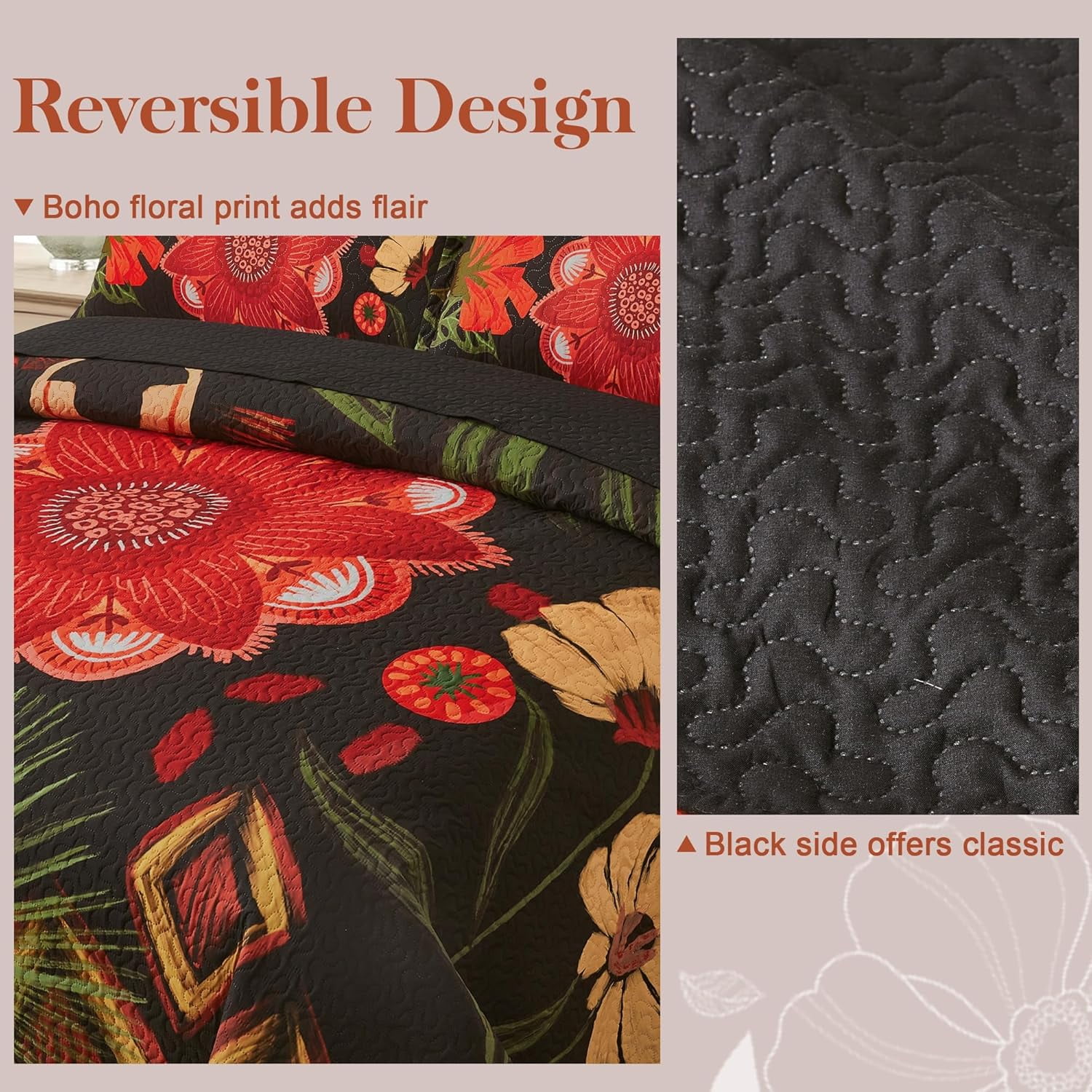 Tyrot 3 Piece Black Boho Floral King Size Quilt Sets Farmhouse Botanical Comforters Bedding King Quilt Sets  96"x106"